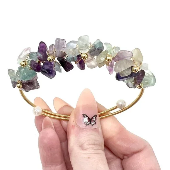 Fluorite Purple floral crystal chip bracelet bangle handmade stone accessories - Picture 4 of 6